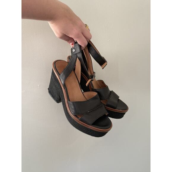 UGG CARINE BLACK LEATHER WEDGE HEEL SANDALS WOMEN'S SIZE 10 - Picture 1 of 9